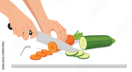 A pair of hands skillfully uses a sharp silver chef knife to slice fresh orange carrots and green zucchini on a clean white plastic cutting board.