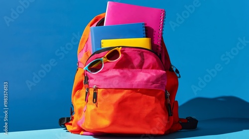Colorful Backpack With Notebooks and Sunglasses on a Blue Background in Brigh...