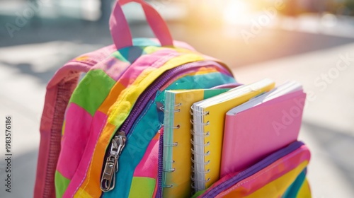 Colorful Backpack With Notebooks and Sunglasses on a Blue Background in Brigh...