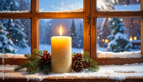 A serene winter scene with a lit candle on a snowy windowsill (6)