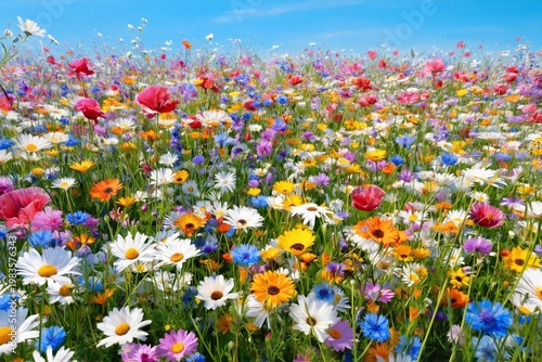 Colorful Wildflower Field With Various Blooms Under Blue Sky During Daytime i...