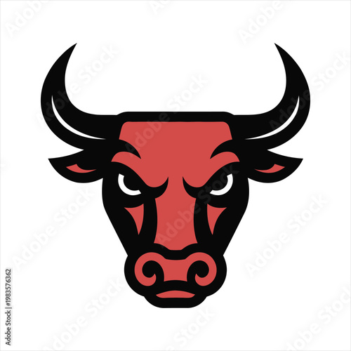Angry bull head with horns, black and red colors, white background, vector art