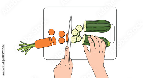 This top-down line-drawn illustration captures the precise moment hands use a long knife to slice an orange carrot and green zucchini on a white board.