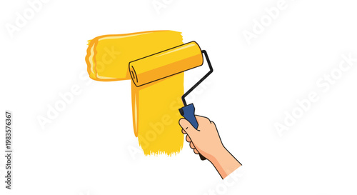 A single human hand firmly grasps a blue handle to apply a thick and bright yellow paint stroke across a pristine white surface using a textured roller.