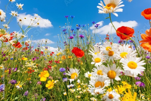 Colorful Wildflowers Bloom in a Sunny Field Under a Clear Blue Sky