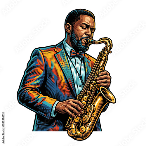 Saxophonist man playing golden saxophone in vibrant colorful suit, jazz musician illustration
