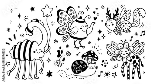 Whimsical fantasy creatures doodle set, imaginary animals collection in playful hand-drawn style, creative illustration elements