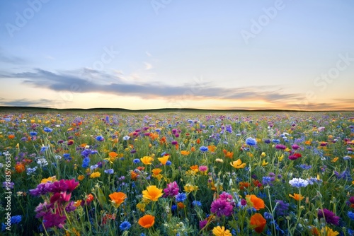 Colorful Flowers Bloom in a Field During Sunset Near Mountains in Spring Season