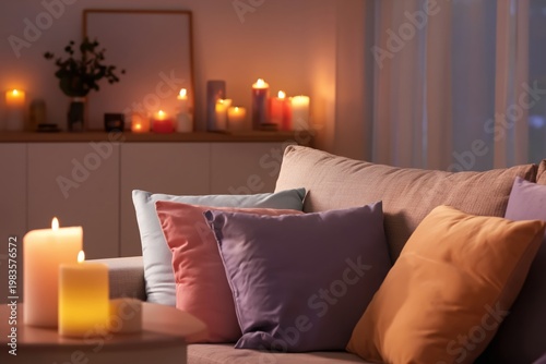 Cozy Living Room Setting With Candles and Soft Cushions During Evening Hours