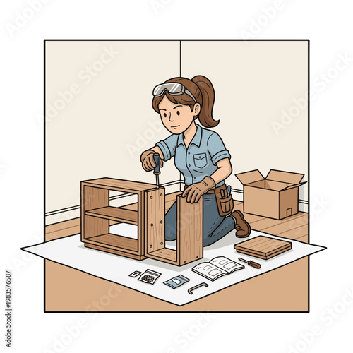 Woman assembling wooden shelf furniture with screwdriver, DIY home improvement vector illustration
