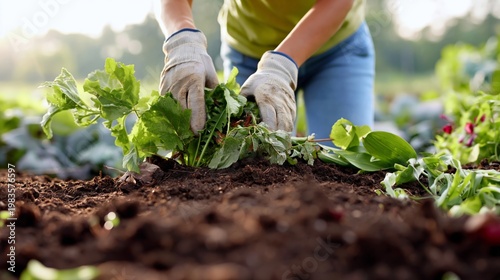 Person Working in Garden During Afternoon, Pulling up Plants From Soil