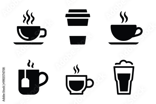 Vector icons of hot drinks and coffee cups tea cup takeaway coffee cup