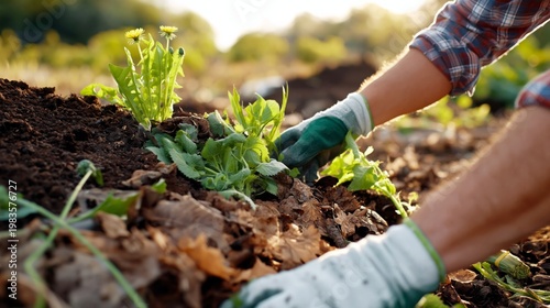 Gardener Working in Soil With Young Plants in a Garden at Sunset in the Eveni...