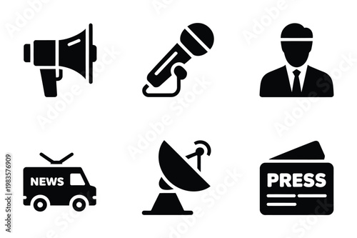 Media and press icons set with communication microphone megaphone broadcast