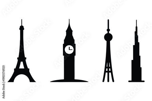 Famous landmark silhouettes collection: eiffel tower big ben international