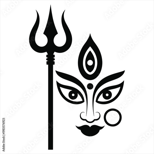 Black and white vector illustration of goddess durga face with trishul. concept of durga puja or navratri festival