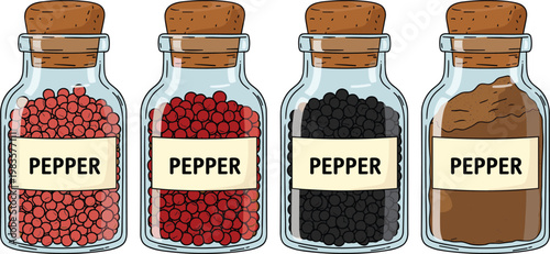 Pepper spice jars set black red powder seasoning bottles vector illustration kitchen ingredient collection isolated design