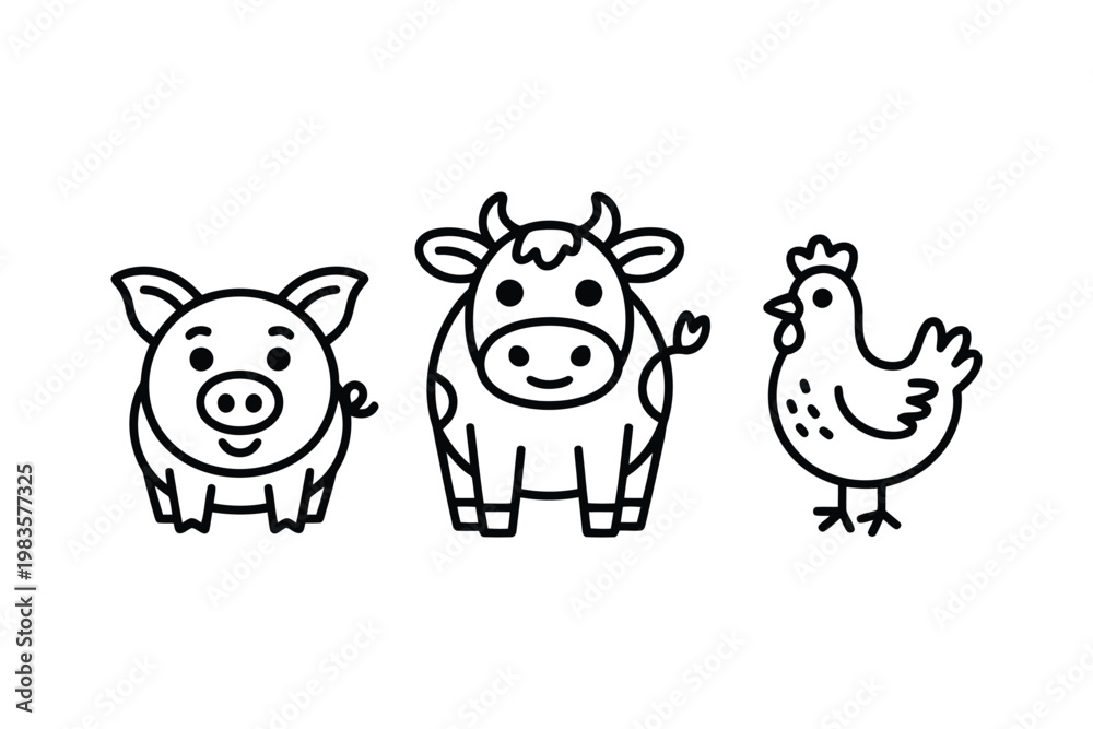 Obraz premium Black and white line of pig, cow, and chicken farm animals line black and white