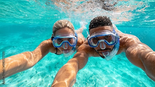 Couple Snorkeling Underwater in Clear Ocean Water Near a Coral Reef