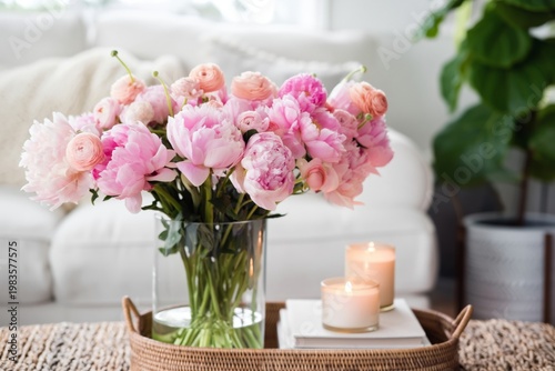 Pink Flowers in a Clear Vase on a Table With Candles and Books Near a Couch