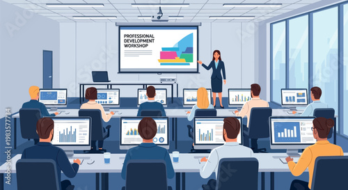 Business training, office computer class, data analysis workshop, corporate education