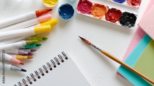 Creative Art Supplies on a Desk With Color Markers, Paint, and a Sketchbook R...