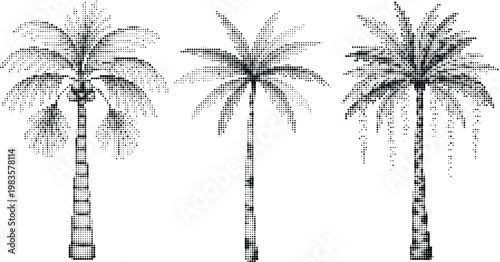 Tropical palm tree silhouettes with halftone effect isolated on transparent background for summer vacation travel and exotic beach landscape compositions.
