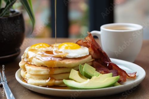 Pancakes With Bacon and Egg Served With Lime, Avocado, and Coffee on a Table