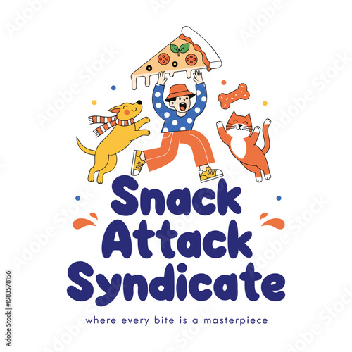 Snack Attack Syndicate – Energetic Cartoon Typography with Food Frenzy Illustration