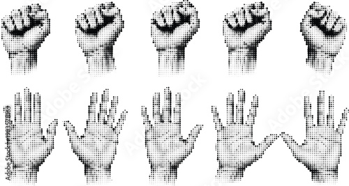 Human hand gestures in halftone style isolated on transparent background showing fist and open palm silhouettes for communication and protest concepts.
