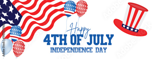 Happy 4th of july independence day greeting banner design on white background with american flag balloons and uncle sam hat usa celebration holiday banner for social media cover, header design