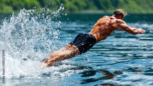 Man Jumps Into Water While Swimming Near Rocky Coastline in Sunny Weather Dur...