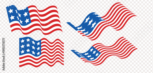 Set of four waving american flags in dynamic poses perfect for usa independence day 4th of july celebration banner graphics, design for USA national holiday promotions design