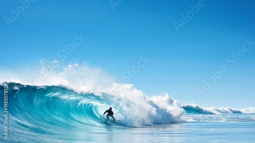 Surfer Rides a Large Wave Under a Clear Blue Sky Near the Ocean During Midday...
