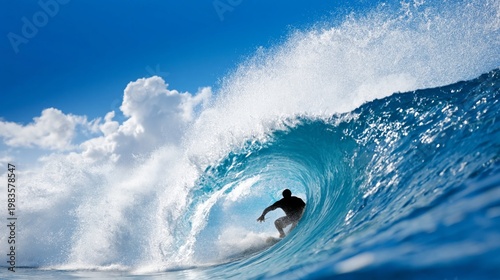 Surfer Rides a Large Wave Under a Clear Blue Sky Near the Ocean During Midday...