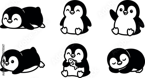Cute cartoon penguins in various poses including sleeping eating and waving black and white vector art