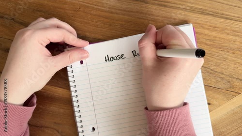 Close up of hands writing “house rules” on lined notebook paper, short term rental concept with guest guidelines and summer tasks, natural light overhead shot on wooden table, 4K video