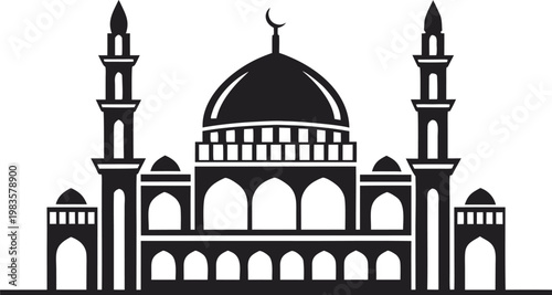 Black silhouette mosque with dome and twin minarets