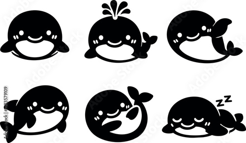 Black and white cute cartoon whale faces and poses vector art