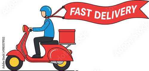 Fast delivery scooter courier illustration with rider and banner, express shipping service concept for ecommerce and logistics business