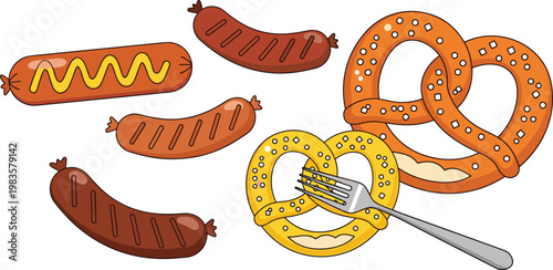Sausage and pretzel snack set cartoon vector illustration grilled hotdog bakery food collection tasty fastfood design