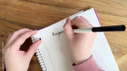 Close up of hands writing “repairs needed” on lined notebook paper, home maintenance and property management concept, natural light overhead shot on wooden table, 4K video