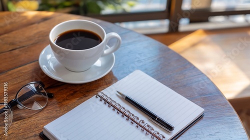 Coffee Cup and Notebook on Table in Sunlight With Glasses Nearby