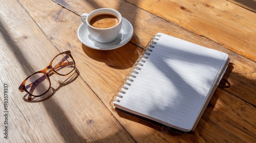Enjoying Coffee and Writing in a Notebook on a Wooden Table in Bright Light