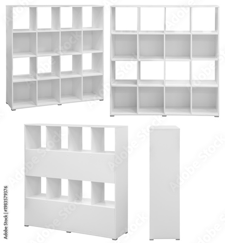 Real modern shelving unit, photographed in studio and isolated on white or transparent background
