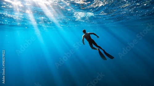 Underwater Swimmer Exploring Blue Waters in Bright Sunlight Near the Ocean Su...