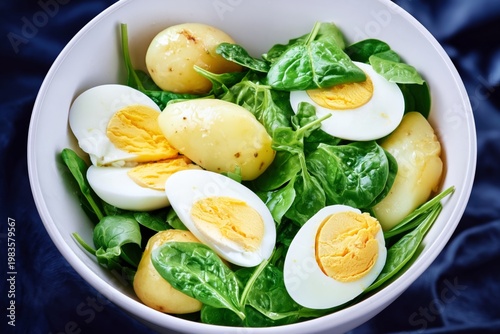 Green Salad With Boiled Eggs and Potatoes Served in a Clear Bowl on a Wooden ...