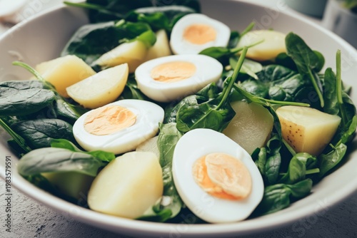 Green Salad With Boiled Eggs and Potatoes Served in a Clear Bowl on a Wooden ...