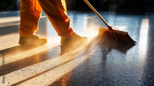Worker Sweeps Floor as Sunlight Shines Through Dust in an Indoor Area During ...
