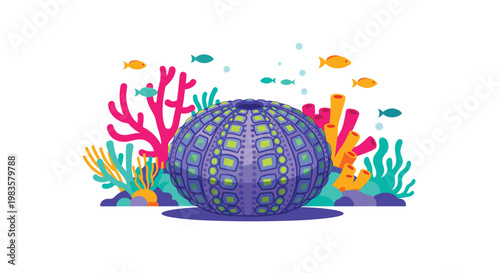 A detailed purple sea urchin shell rests on the sandy ocean floor surrounded by vibrant pink coral reefs and small swimming fish in clear tropical water.